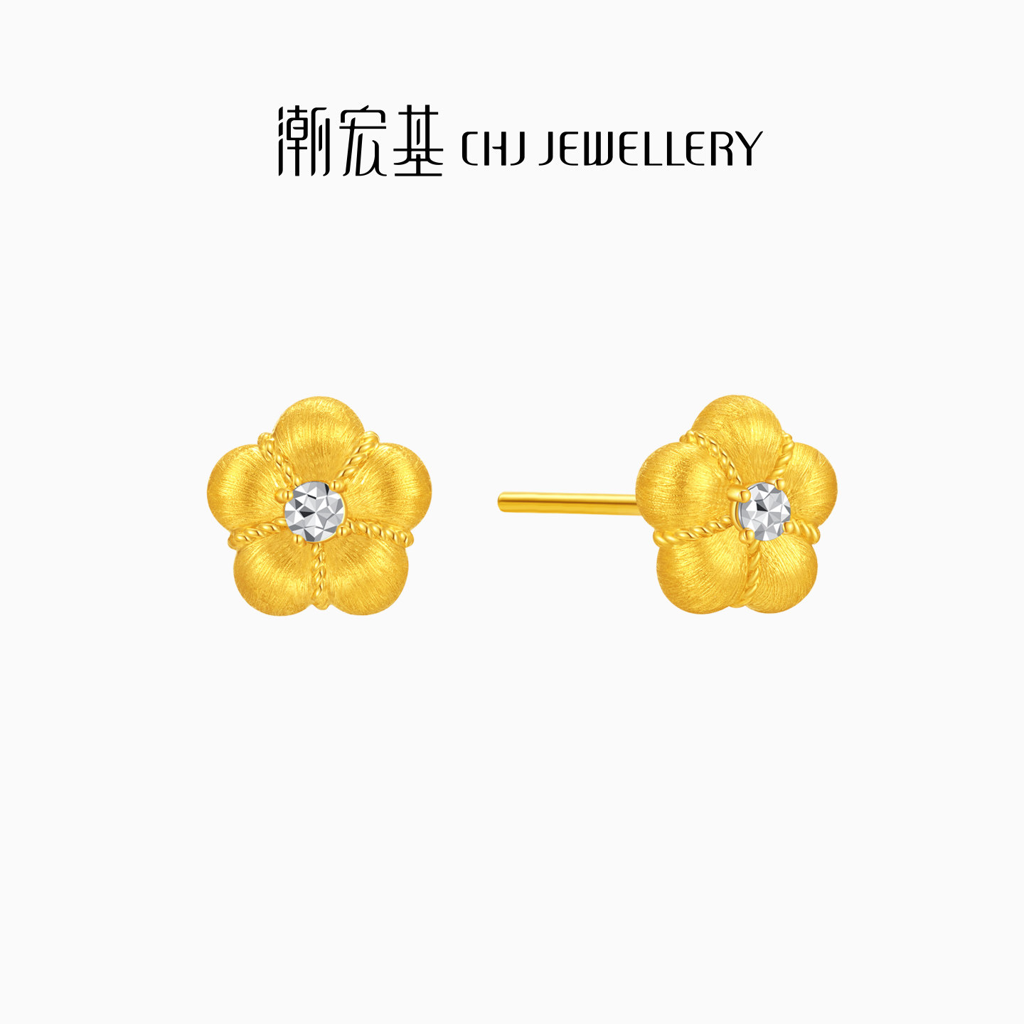 潮宏基招财小金花足金耳钉黄金耳饰拉丝金钻工艺硬金有钱花礼物,黄金,细金工艺定价黄金耳饰,淘宝优惠券,粉丝福利购,淘宝优惠卷