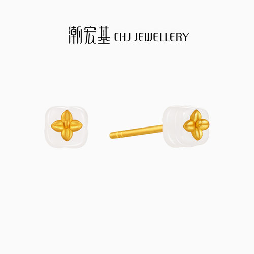 【宋轶同款】潮宏基非遗花丝如意黄金和田玉耳钉足金耳饰5G礼物女