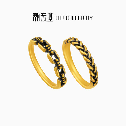 潮宏基御范黄金戒指足金女戒手饰电黑时尚5D硬金送女友送礼