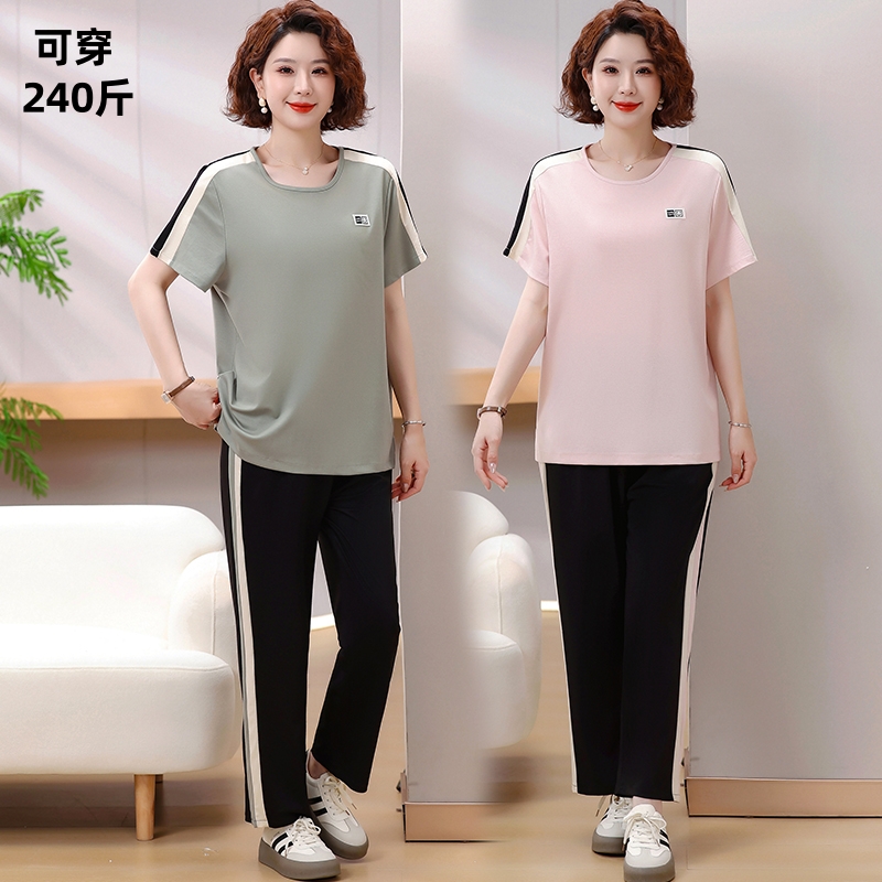 胖妈妈夏装运动套装休闲新款中年女士短袖加肥特大码中老年两件套
