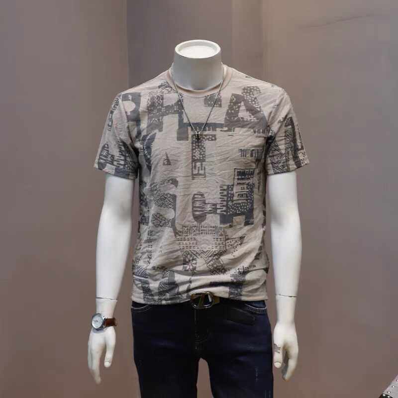 棉麻透气夏季新款短袖t恤青年男士印花上衣薄款修身半袖短袖t恤衫