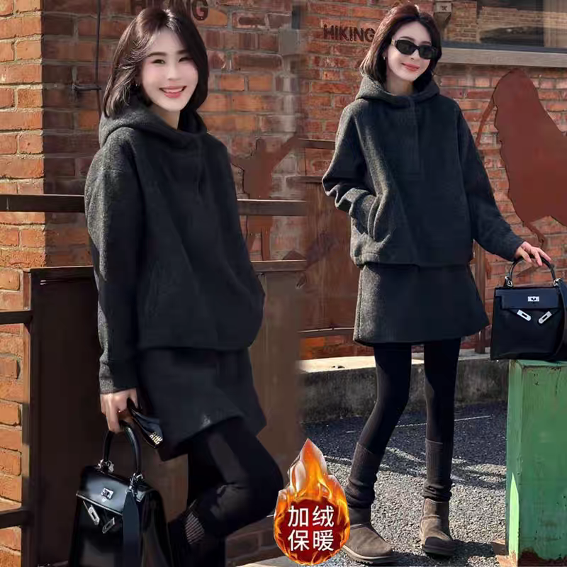 加绒加厚时尚套装女2025秋冬新款洋气休闲连帽卫衣半身裙两件套潮