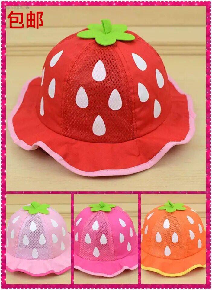 夏季新款儿童草莓雨滴网眼盆帽可爱宝宝棉布帽子遮阳帽卡爱淑女帽