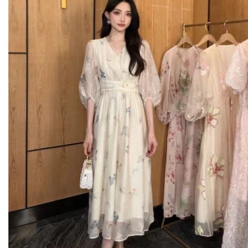 莱魅末夏蝶音 法式v领连衣裙女收腰系带显瘦长裙夏季新款裙子