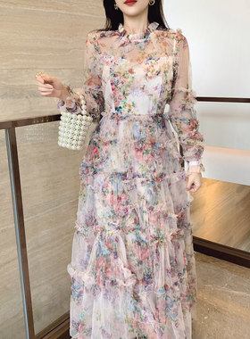 2025仙女裙甜美初恋超仙法式长款连衣裙网纱碎花裙子夏公主裙
