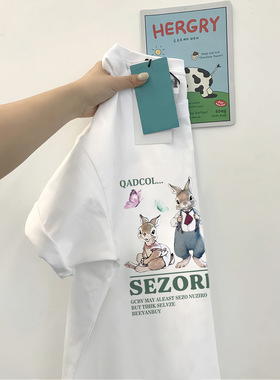 夏季新款韩版百搭白色兔子印花正肩T恤女宽松小众龄短袖上衣ins