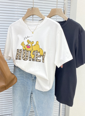 2025新款重磅短袖T恤女韩版宽松白色上衣潮流卡通印花半袖打底衫