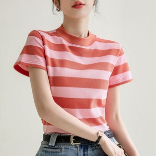韩系多巴胺肌理感圆领短袖 条纹撞色小众上衣 棉T恤女2025夏季 新款