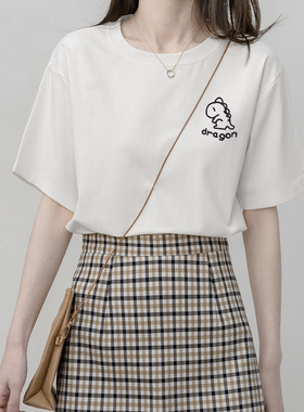 白色短袖纯棉T恤女夏季2024年新款印花简约设计感宽松上衣服ins潮