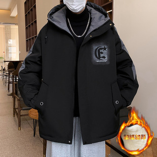 加厚连帽夹克青少年初高中学生上衣服秋冬季男加绒冲锋衣棉衣外套