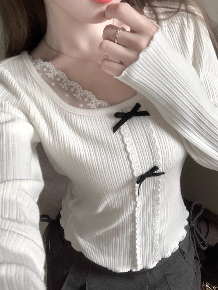 thumbnail for Hurry Diary Xiaoxiang Qianjin Wind Long Sleeve T-shirt Women's Autumn New Slim Sweet Temperament Lace Trim Base Shirt