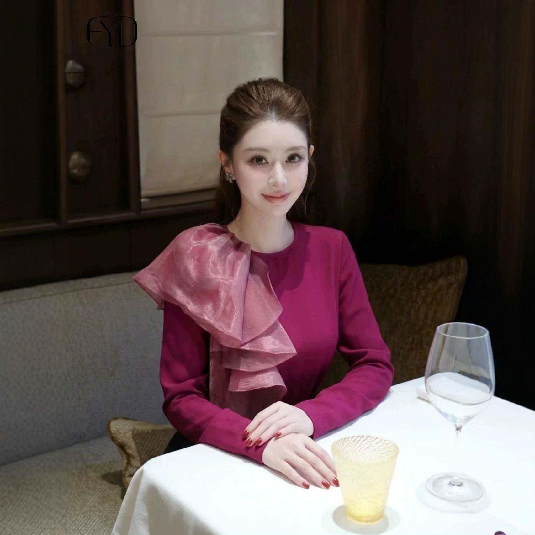 今年流行玫紫色荷叶边上衣女2026秋季轻奢高级感法式小资百搭衬衫