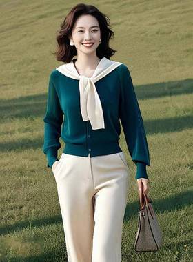 披肩修身长袖绿色针织衫女秋冬季2025新款盐系轻熟风休闲裤两件套