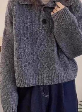 流行漂亮灰色Polo领毛衣女2025冬新款休闲软糯慵懒风洋气减龄上衣