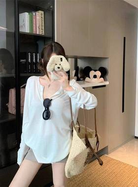 白色慵懒风长袖宽松T恤女秋季休闲薄款防晒罩衫显瘦百搭上衣