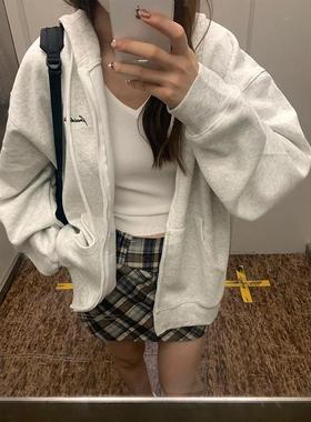 美式复古慵懒风chic连帽开衫卫衣女春秋季新款oversize灰色短外套