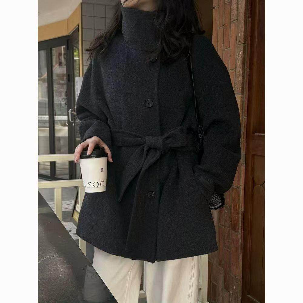 双面羊毛系带大衣小个子韩版2025春季新款立领外套气质雪尼尔,女装/女士精品,大码呢大衣,淘宝优惠券,粉丝福利购,淘宝优惠卷