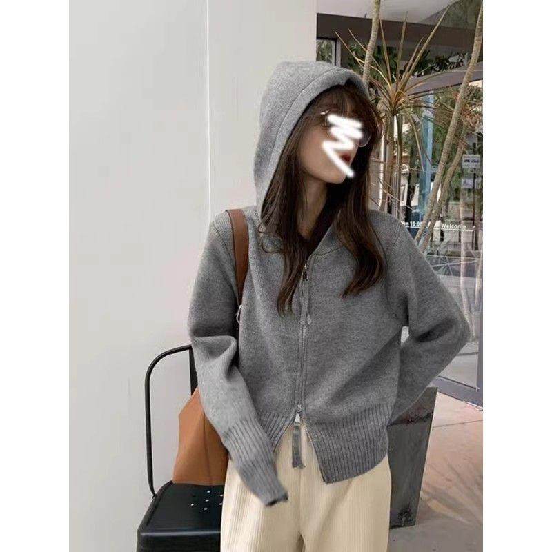 灰色针织连帽卫衣女宽松外穿毛衣开衫外套短款针织衫加厚洋气百搭,女装/女士精品,毛针织衫,淘宝优惠券,粉丝福利购,淘宝优惠卷