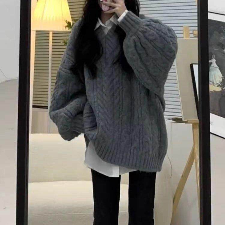 V领灯笼袖灰色毛衣女宽松外穿遮臀部慵懒风秋冬新款加厚韩系针织,女装/女士精品,毛针织衫,淘宝优惠券,粉丝福利购,淘宝优惠卷