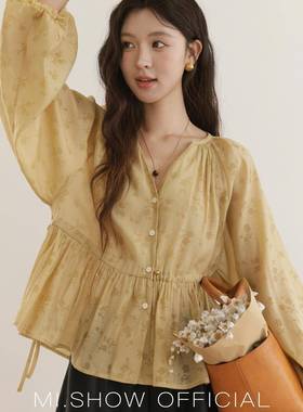 黄色暗纹印花衬衫女2025秋季新款灯笼袖抽绳收腰蕾丝花边上衣