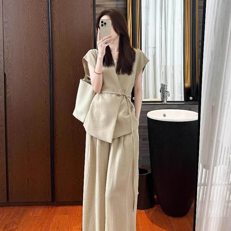 2025夏季干练气质高级感小香风卡其色马甲职业套装休闲阔腿长裤女,女装/女士精品,时尚套装,淘宝优惠券,粉丝福利购,淘宝优惠卷