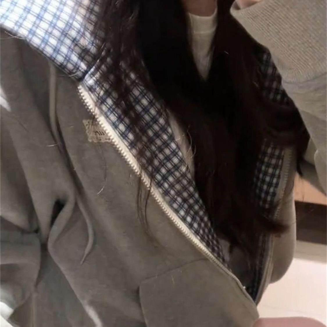 韩系新款格子拼接拉链连帽卫衣外套女2025秋季宽松韩版开衫秋冬款,女装/女士精品,卫衣/绒衫,淘宝优惠券,粉丝福利购,淘宝优惠卷