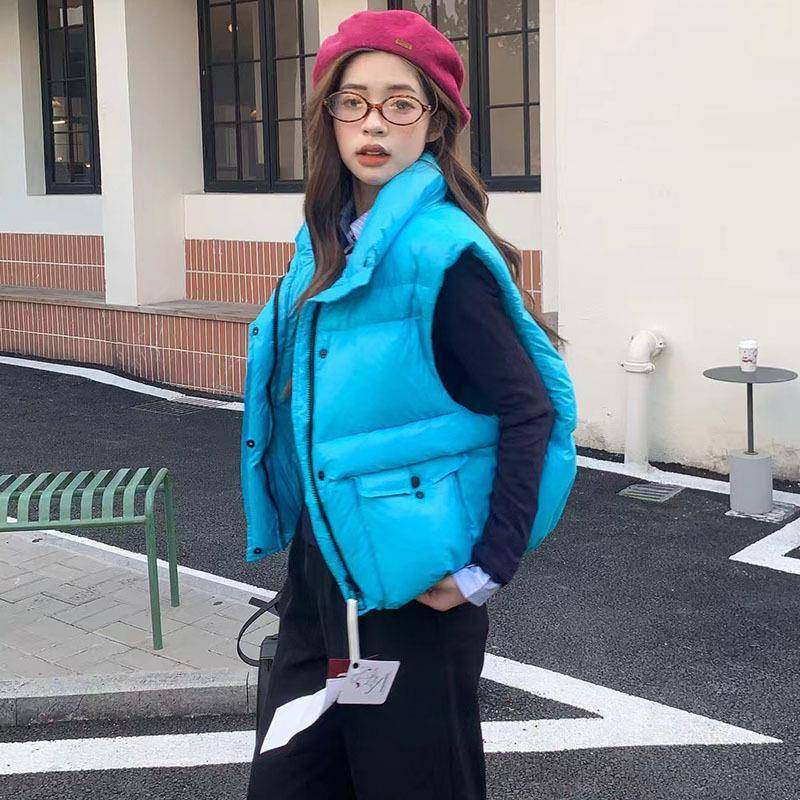 潮牌高端鹅绒羽绒马甲女2025秋冬立领坎肩显瘦小个子糖果色面包服