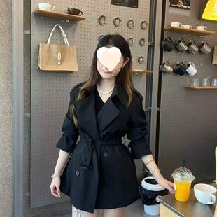 拼接收腰短款春秋女装秋季中长款风衣女插肩袖网红白色黑色卡其色