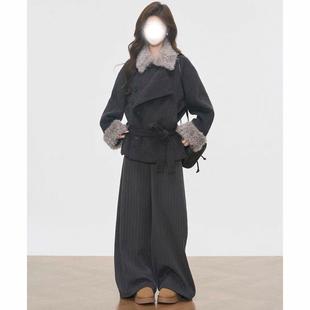 韩系深灰色毛领呢子大衣女2025新款毛呢外套赫本风感短款