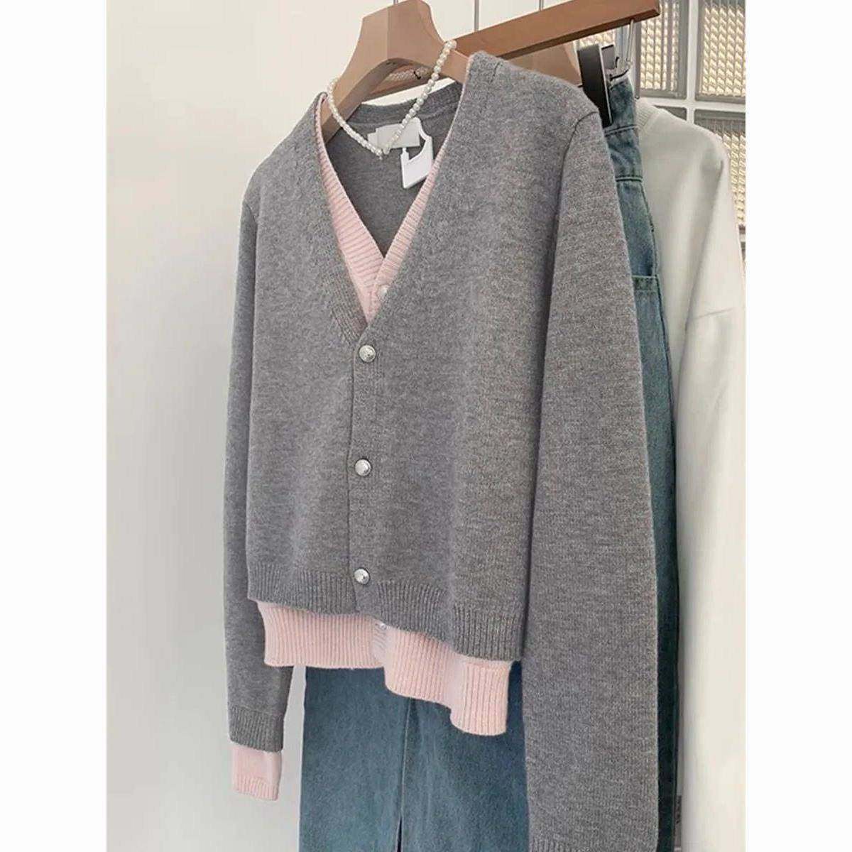 早秋灰领针织开衫女秋季慵懒风显瘦毛衣外套假两件上衣,女装/女士精品,毛衣,淘宝优惠券,粉丝福利购,淘宝优惠卷