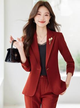 高级感红色西装套装女职业正装长袖阔腿裤播音主持人艺考正装西服