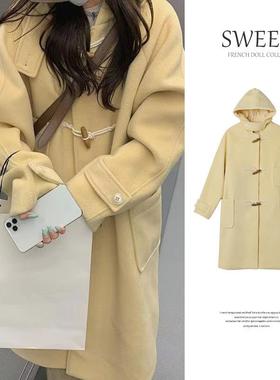 毛呢外套女2025新款黄色牛角扣大衣秋冬季加厚小个子韩系温柔风衣