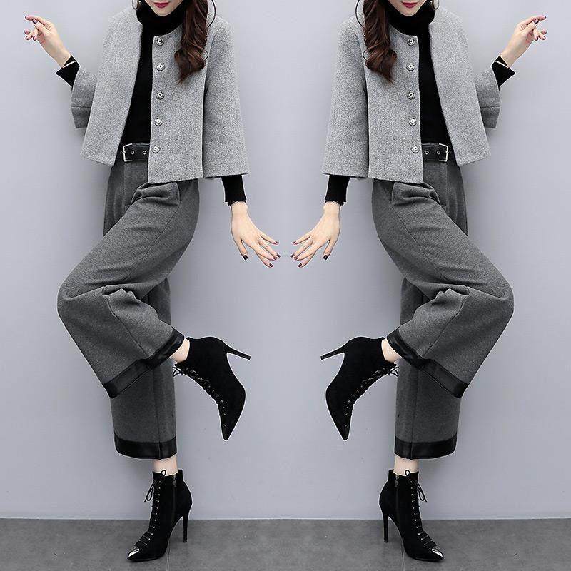 2025新款女装秋冬大码两件套裤毛呢短外套阔腿裤休闲时尚套装女潮,女装/女士精品,时尚套装,淘宝优惠券,粉丝福利购,淘宝优惠卷