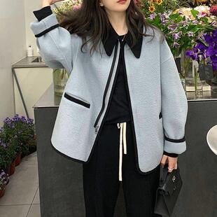 雾霾蓝千金风短款毛呢外套女秋冬季大衣2026年新款小个子温柔减龄