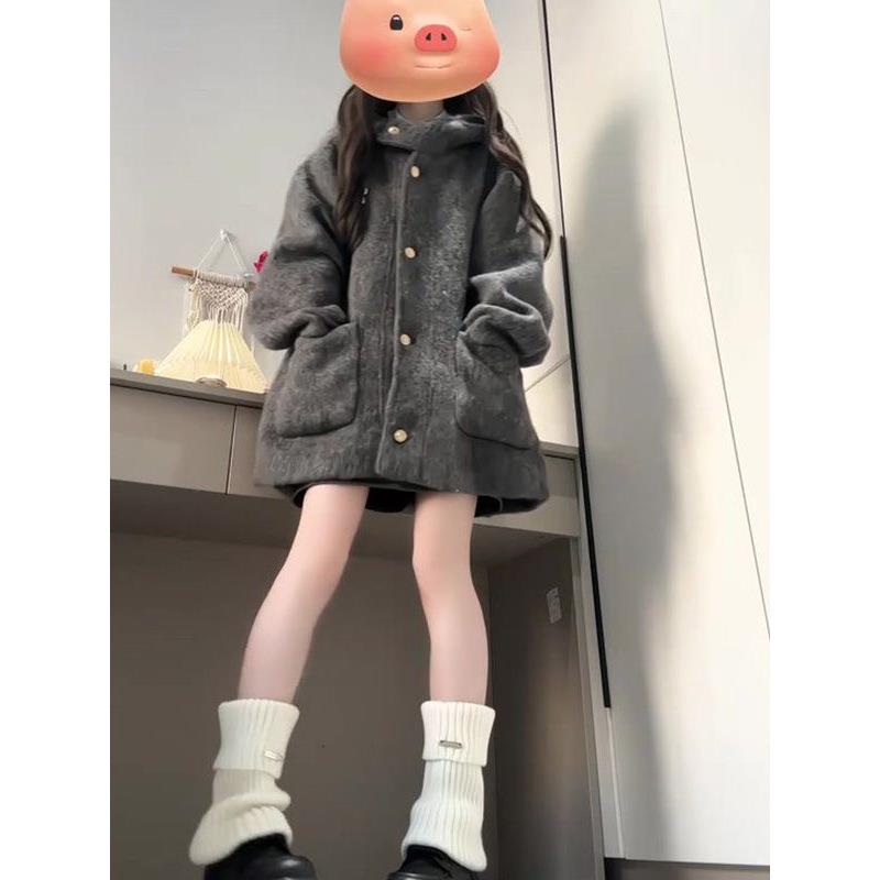 灰色连帽毛呢外套女小个子2025秋冬季新款高级感宽松加厚呢子大衣