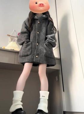 灰色连帽毛呢外套女小个子2025秋冬季新款高级感宽松加厚呢子大衣