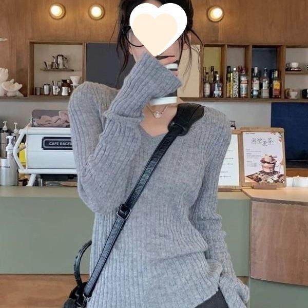 灰色复古长袖V领针织打底衫2025新款秋冬显瘦上衣软糯洋气毛衣潮,女装/女士精品,毛衣,淘宝优惠券,粉丝福利购,淘宝优惠卷