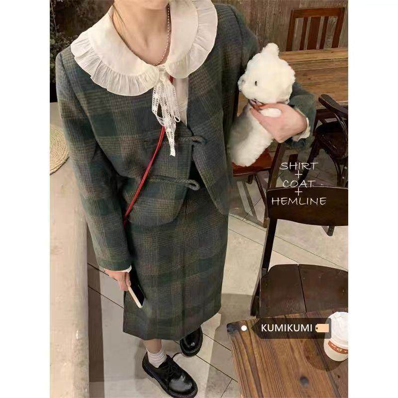 法式复古绿格纹毛呢外套上衣两件套装秋冬季气质小香风a字半身裙,女装/女士精品,毛针织衫,淘宝优惠券,粉丝福利购,淘宝优惠卷