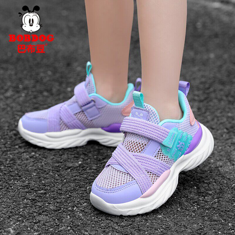 夏季新款巴布豆女童跑步鞋儿童运动鞋软底单网镂空防滑轻便魔术贴