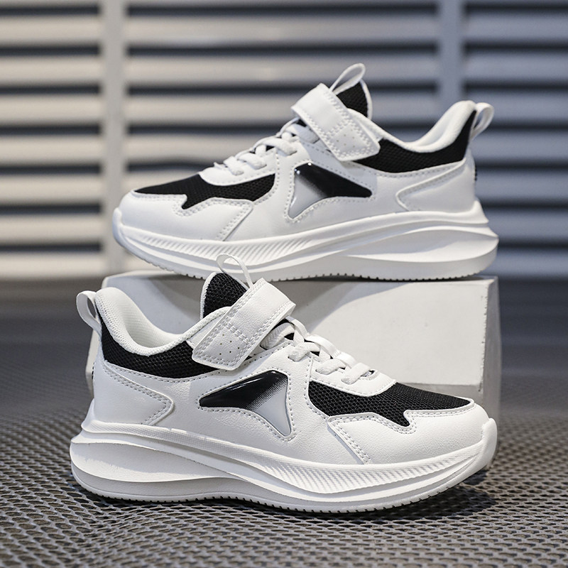 儿童魔术贴白色运动鞋女童网面透气小学生轻便减震超轻男童跑步鞋