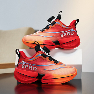 儿童红色运动鞋2026春季新款减震防滑跑步鞋男孩纽扣男童鞋子网面