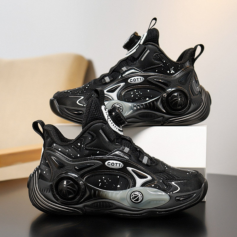 儿童篮球鞋2026秋冬新款中大童男孩跑步鞋男童纽扣运动鞋皮面黑色