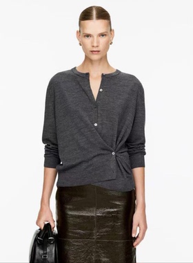 加拿大ark！不对称2穿！洋气碳灰~美尼诺羊毛~高笈时髦感针织开衫