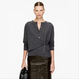 加拿大ark！不对称2穿！洋气碳灰~美尼诺羊毛~高笈时髦感针织开衫