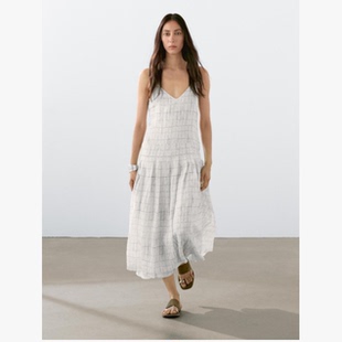 巨折！艺术生ootd！md法式苎麻~手绘格纹吊带连衣裙度假风长裙