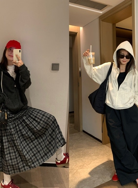 Amv秋款拉绒感卫衣~周雨彤同款~石楠浅灰~糯叽叽慵懒拉链连帽卫衣