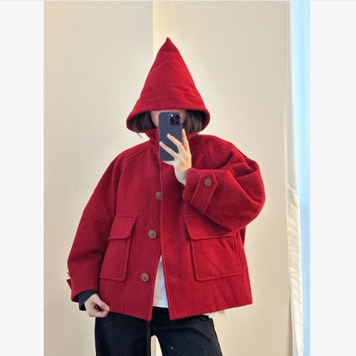 反季折！尖尖女巫帽！很重工一件~90yang毛~星球弯刀袖连帽大衣