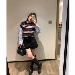 26早春封神！se费尔岛针织背心+蓝色条纹衬衫袖~假两件叠穿毛衣