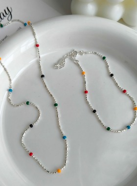 s925纯银彩色豆豆多巴胺项链女IU同款小众ins滴胶圆珠手链项链