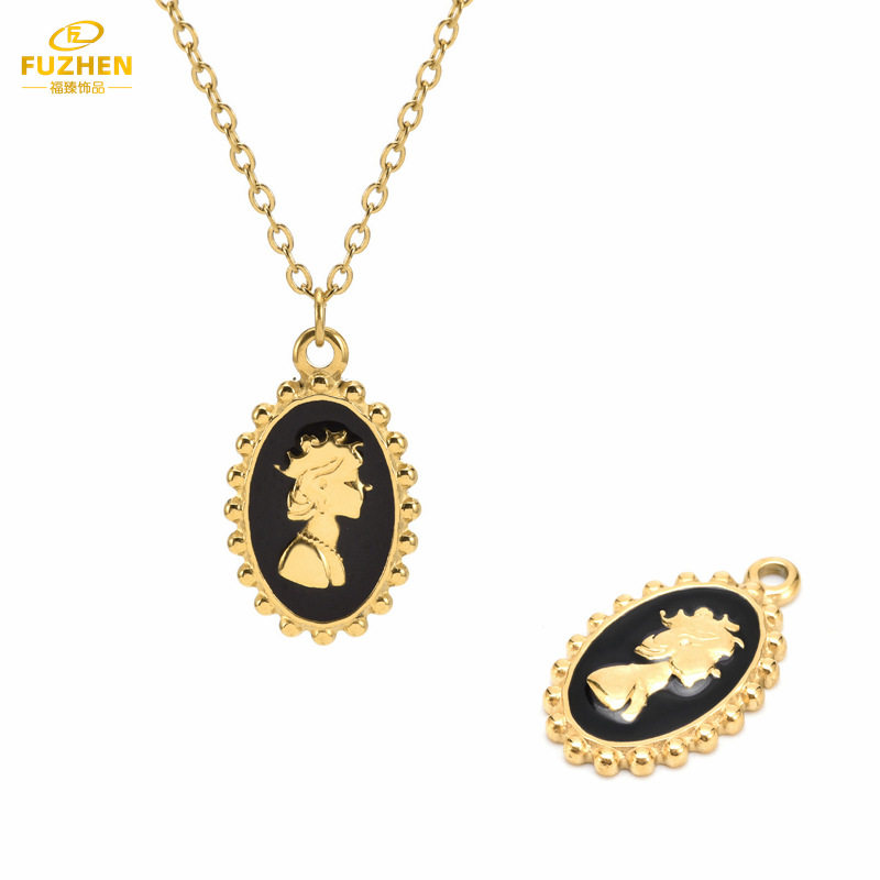 复古镀金色女王伊丽莎白头像浮雕吊坠 黑色滴釉女王头像吊坠项链